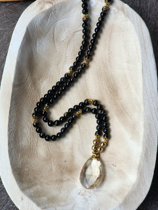 Black Precious Stone Necklace with Clear Charm