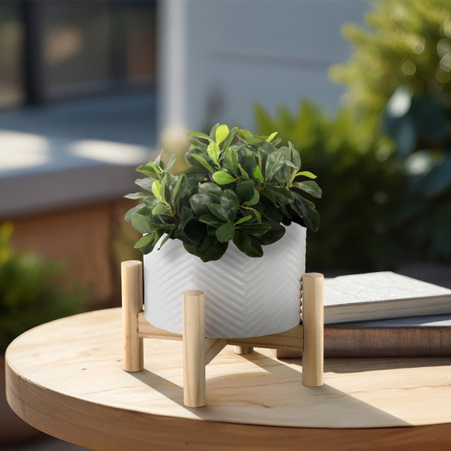 Ceramic Chevron Planter on Wood Stand White