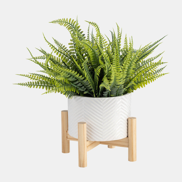 Ceramic Chevron Planter on Wood Stand White