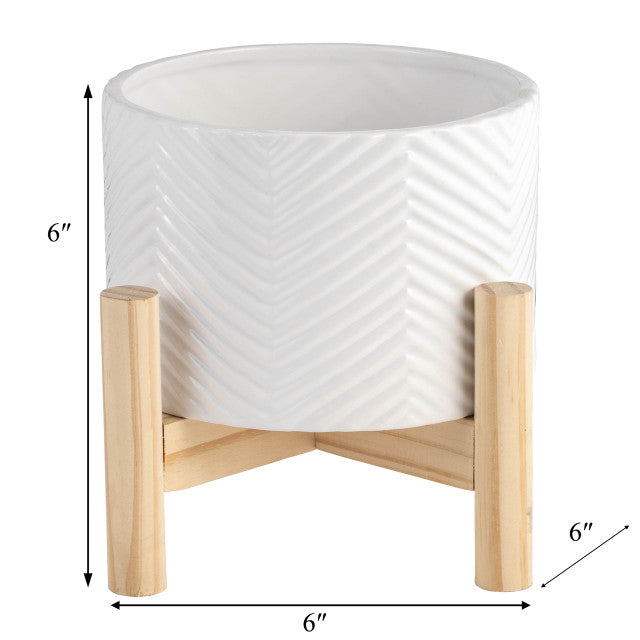 Ceramic Chevron Planter on Wood Stand White