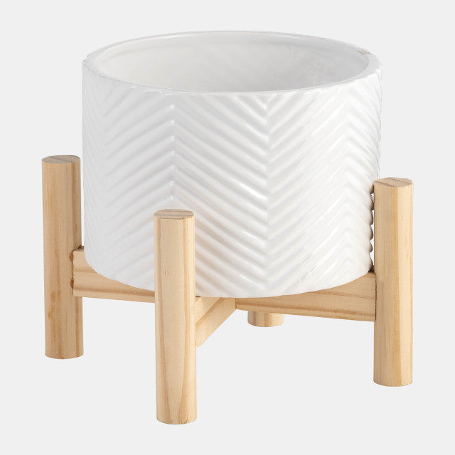 Ceramic Chevron Planter on Wood Stand White