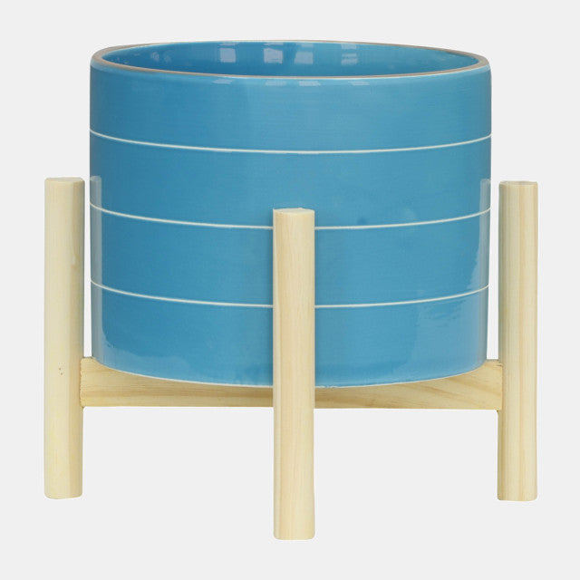 Striped Planter W/ wood stand Sky blue