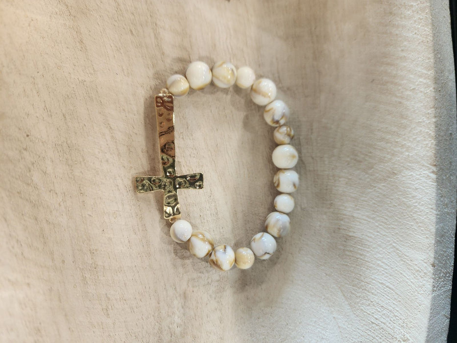 Precious Stone Bracelet Beige with Gold Cross