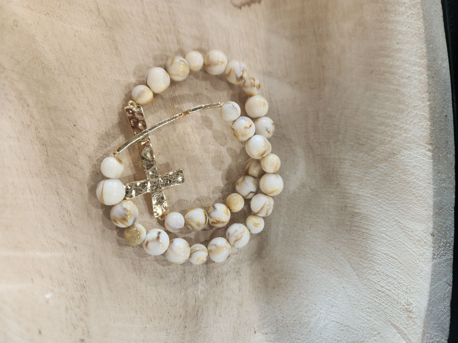 Precious Stone Bracelet Beige with Gold Cross
