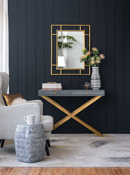 Gray Faux Leather and Gold Steel Crossed-Leg Console Table