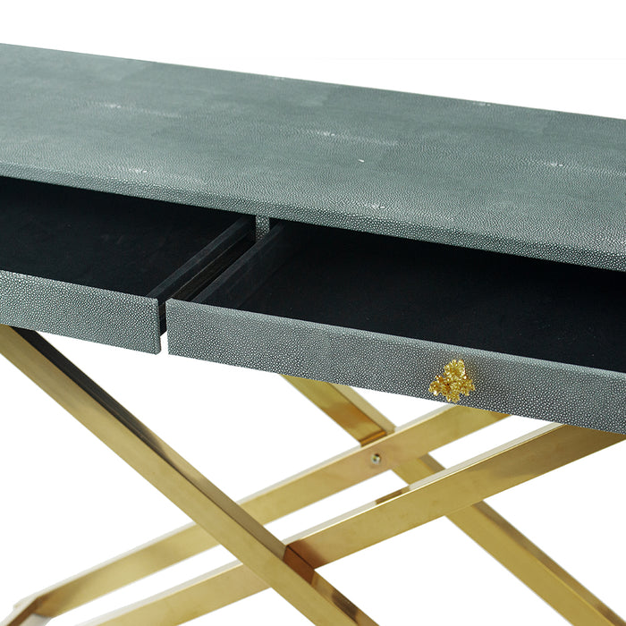 Gray Faux Leather and Gold Steel Crossed-Leg Console Table
