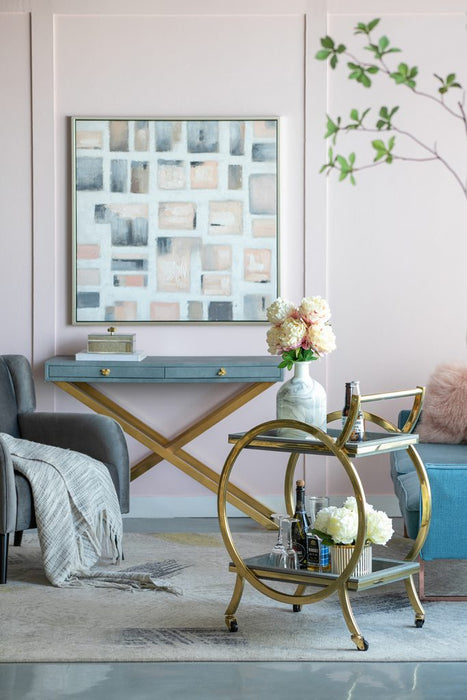 Golden Steel Bar Cart with Gray Faux Leather Removable Trays