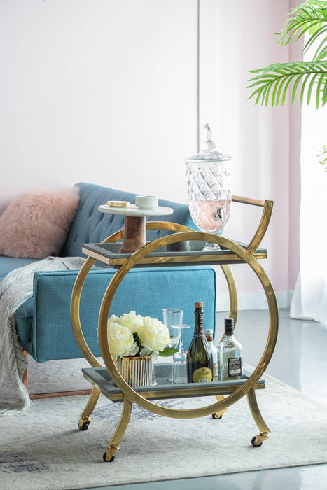 Golden Steel Bar Cart with Gray Faux Leather Removable Trays