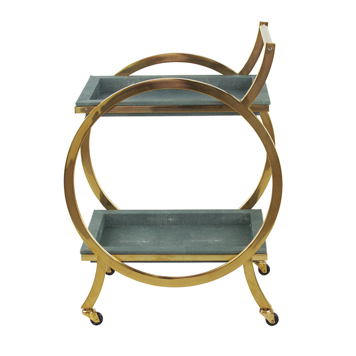 Golden Steel Bar Cart with Gray Faux Leather Removable Trays