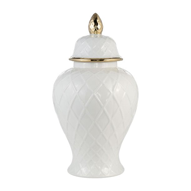 Ceramic Rope Temple Jar - White / Gold