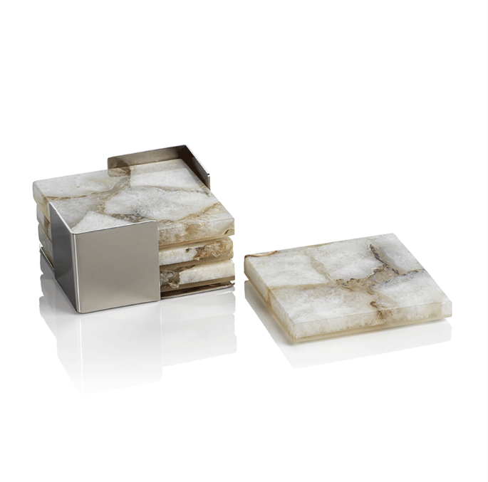 Crete Agate Coasters On Metal Tray - Set Of 4