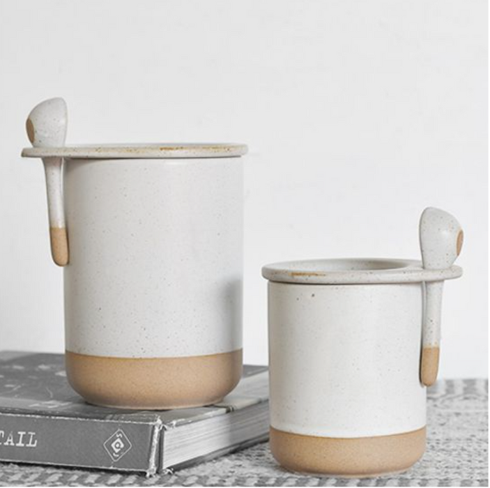 White Ceramic Canister w/Spoon - Large