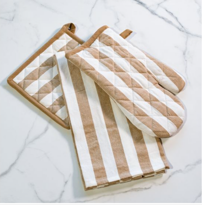 Beige Stripe Oven Mitt, Pot Holder & Towel Set