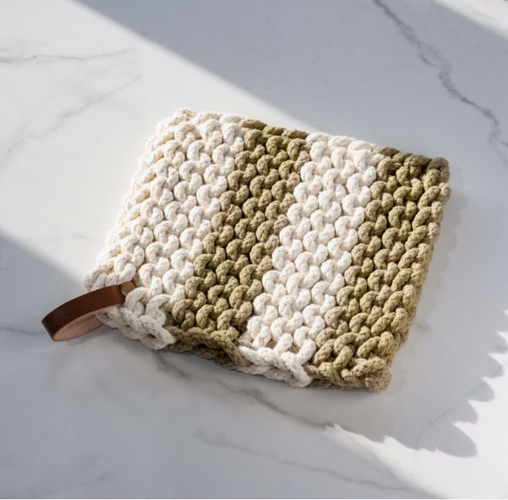 Leather Strap Knit Pot Holder