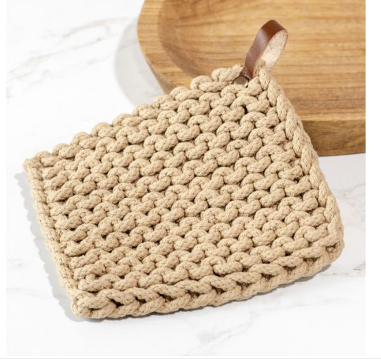 Leather Strap Knit Pot Holder