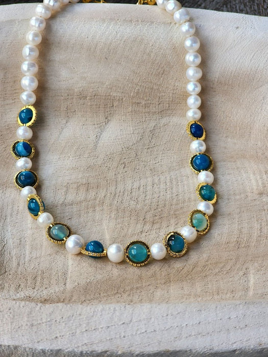 Blue Precious Stones and Pearls Necklace
