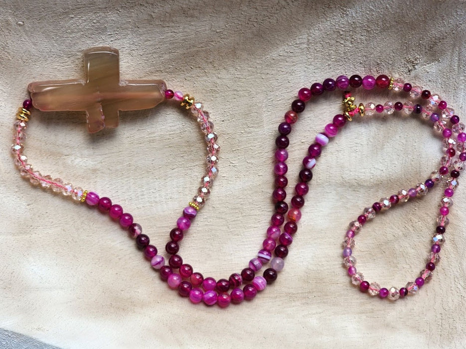 Pink Precious Stone Necklace with Cross
