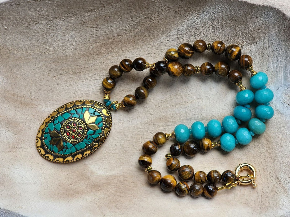 Brown and Turquoise Stone Necklace With Large Charm