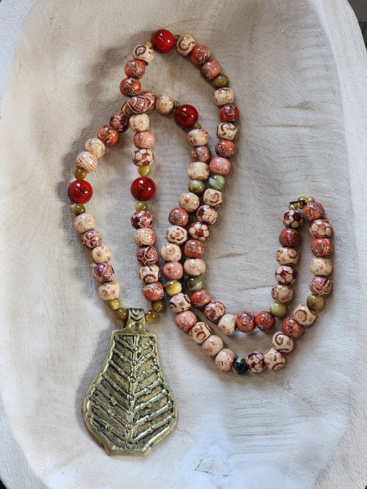 Wood and Stone Necklace with Large Charm