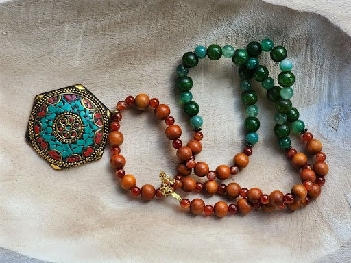 Wood and Green Stone Necklace