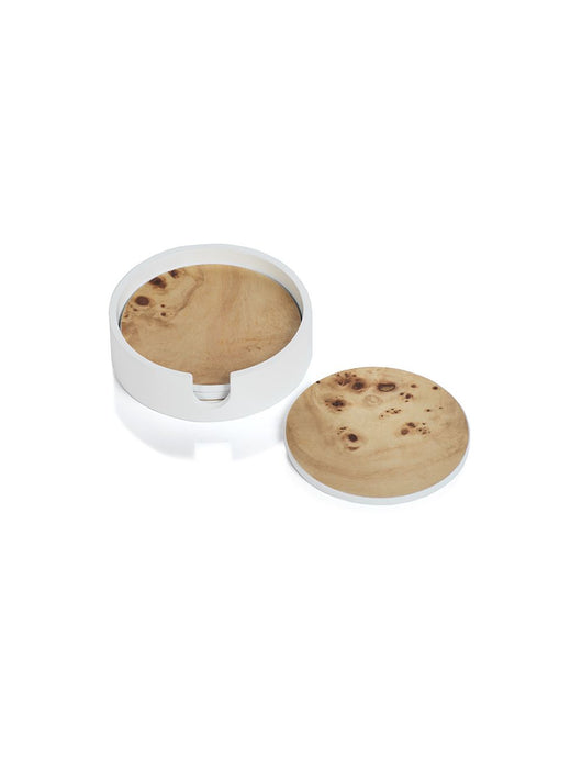 Round Burl Wood White Coasters With Holders - Set Of 4
