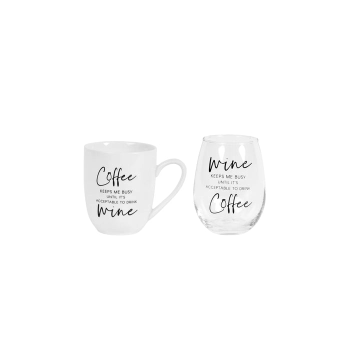 Keeps Me Busy Coffee Mug and Wine Glass Set