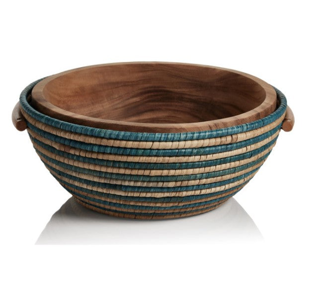 Hand Woven Rattan And Acacia Wood Bowl