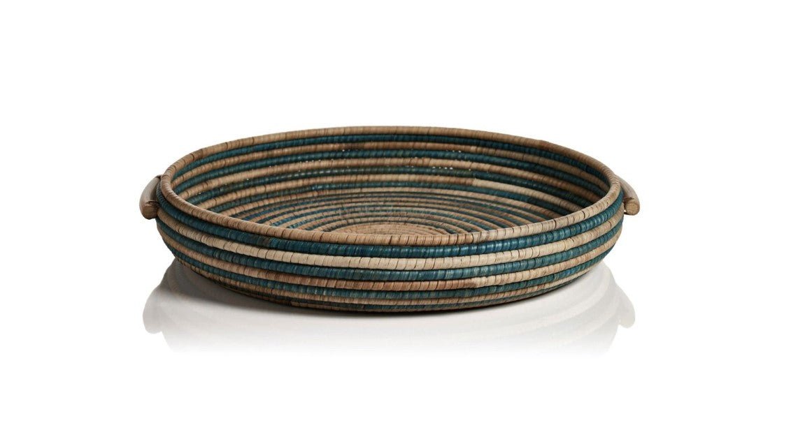 Hand Woven Rattan Serving Tray - Blue