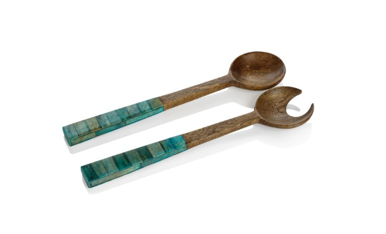 Mango Wood Salad Servers - Turquoise