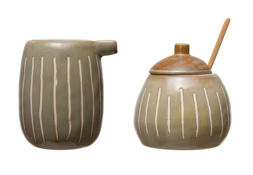 Stoneware Sugar Jar And Creamer Set