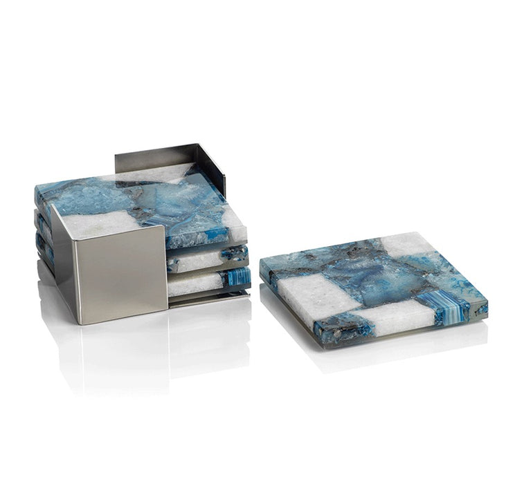 Crete Agate Coasters On Metal Tray - Set Of 4