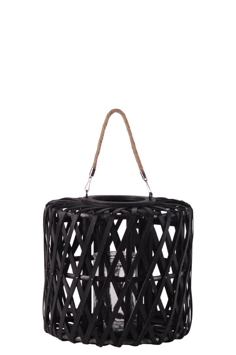 Wood Cylindrical Lantern With Rope Handle