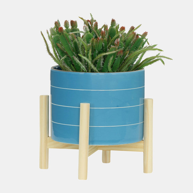 Striped Planter W/ wood stand Sky blue