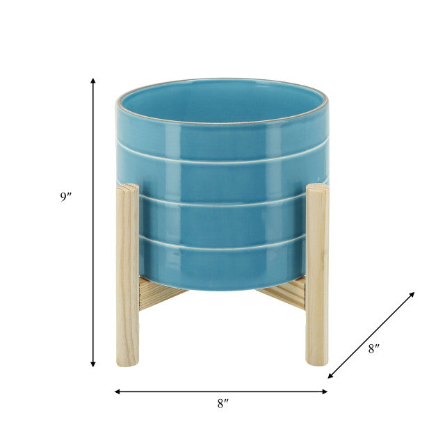 Striped Planter W/ wood stand Sky blue