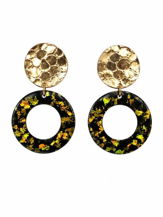 Hammered Gold and Green Resin Earrings
