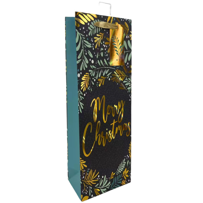 Teal Christmas Wreath Paper Bottle Bag