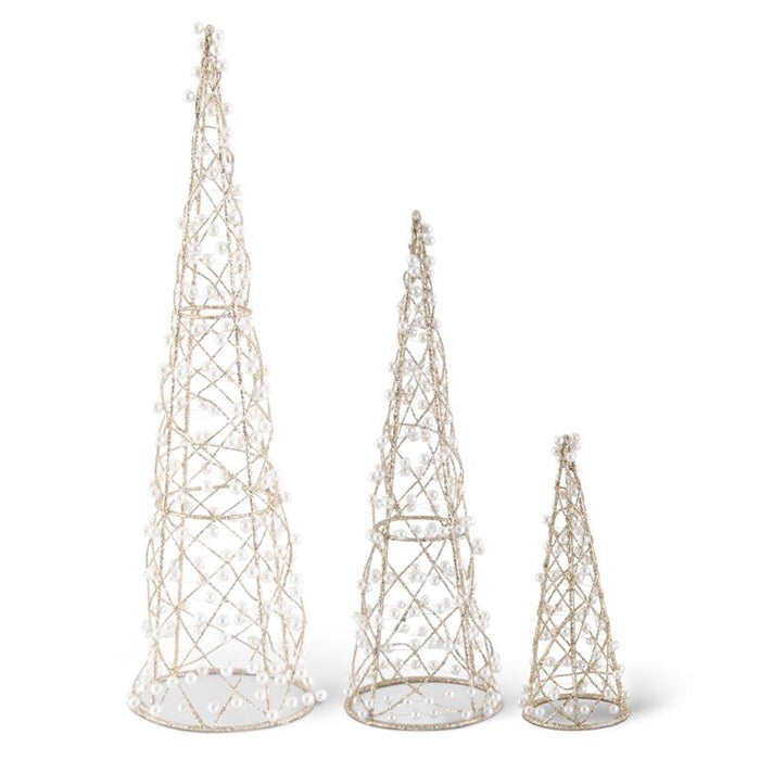 Gold Glittered Cone Tree w/Pearls