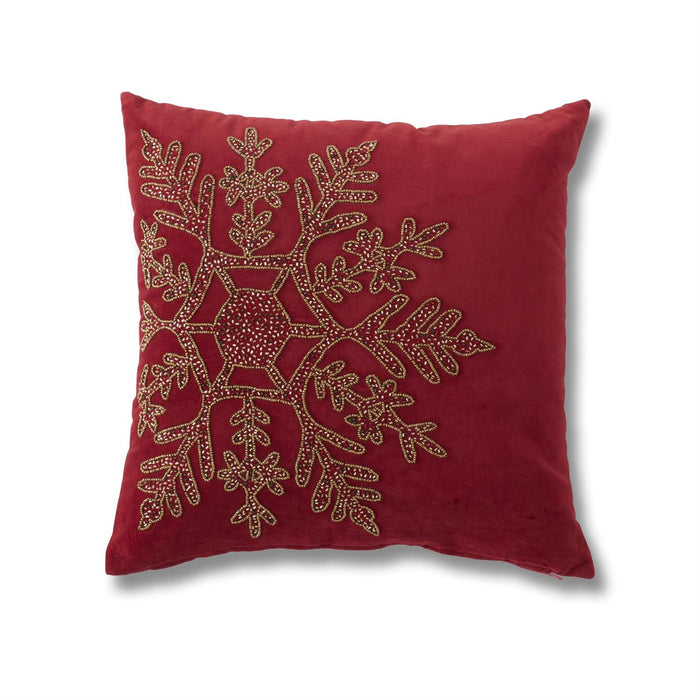 Red Gold Beaded Snowflake Pillow