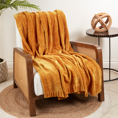 Knitted Chenille Mustard Throw