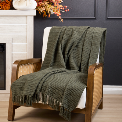 Waffle Weave Cotton Throw - Forest Green