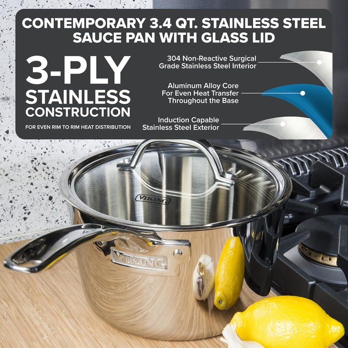 Contemporary 3-Ply Stainless Steel 3.4Qt. Sauce Pan