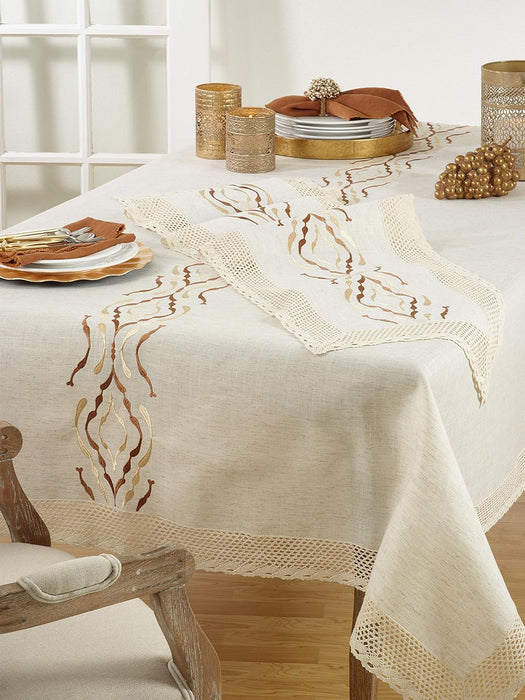 Poly And Linen Blend Tablecloth With Laced Borders