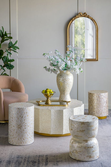 Gold and White Capiz Round Stool