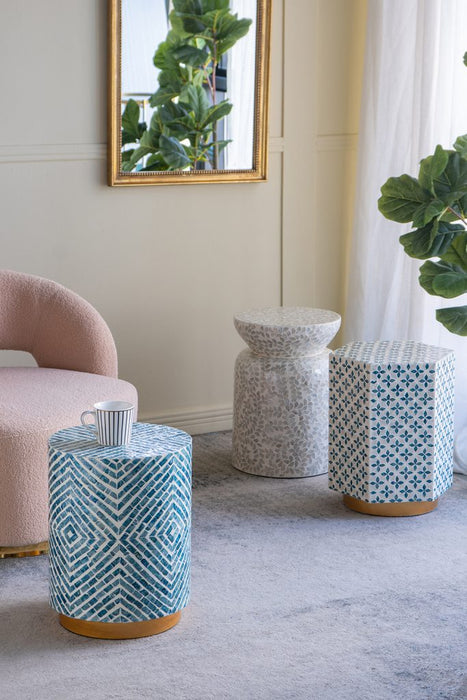 Blue and White  Capiz Round Stool