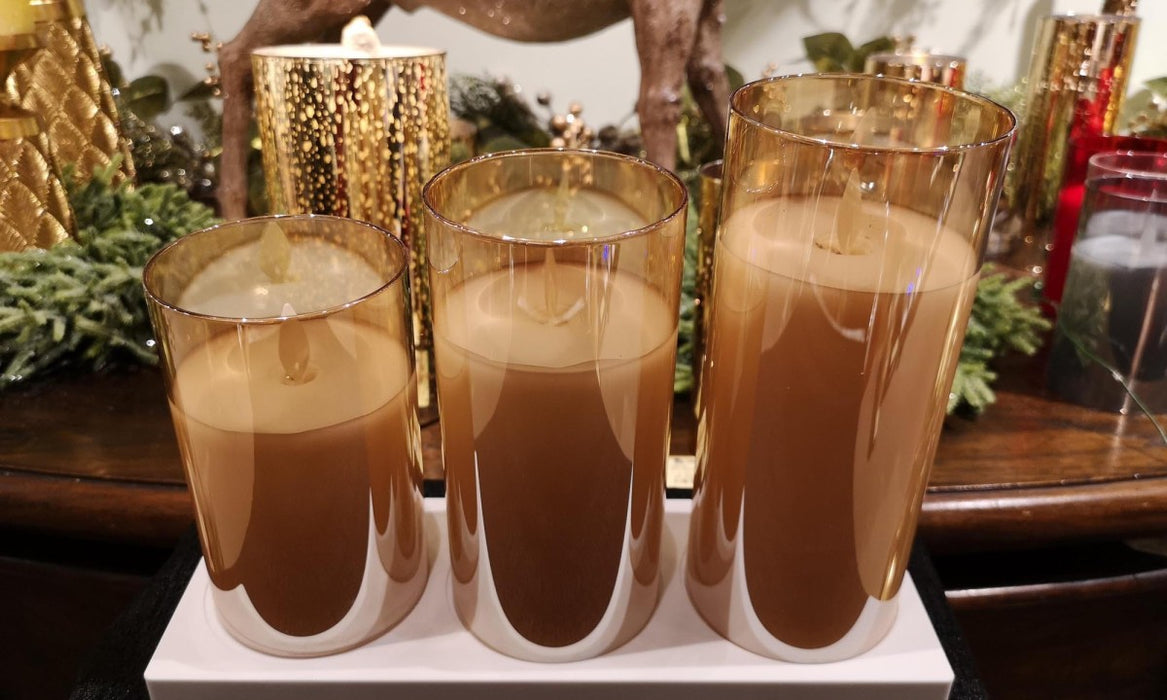 Amber Rechargeable Glass Pillar  - Set Of 3