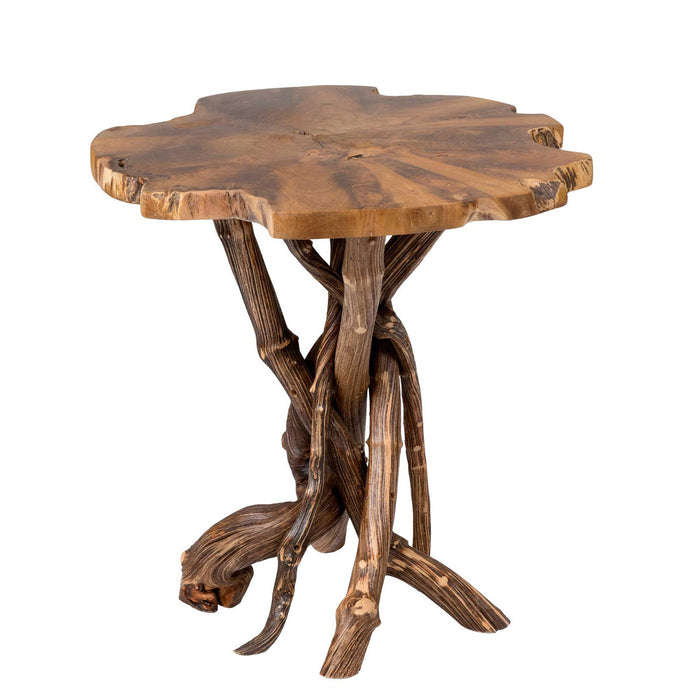 Roell Teak Top Side Table With Natural Root Base