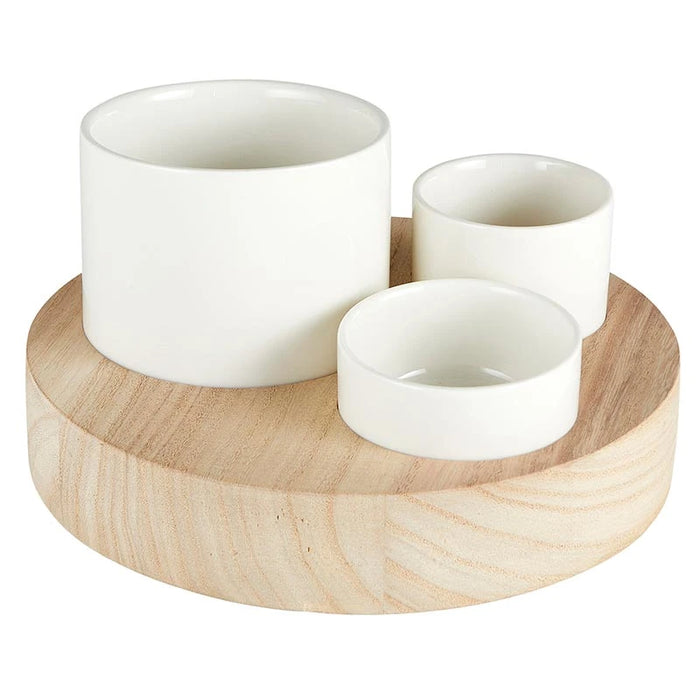 Trio Ceramic Bowls w/Paunia Wood Base