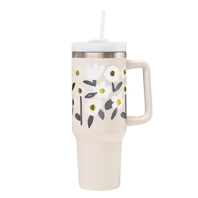 White Flowers w/Gold Travel Tumbler
