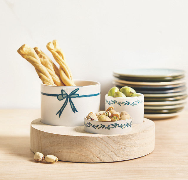 Blue Bow Trio Ceramic Bowls w/Wood Base