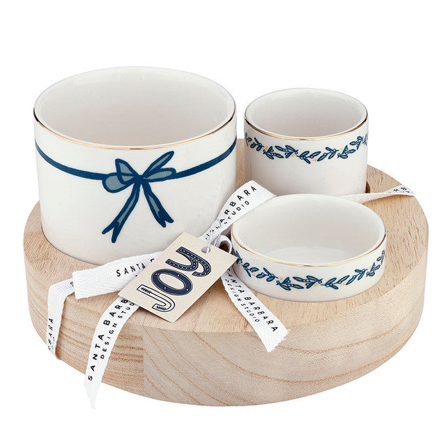 Blue Bow Trio Ceramic Bowls w/Wood Base